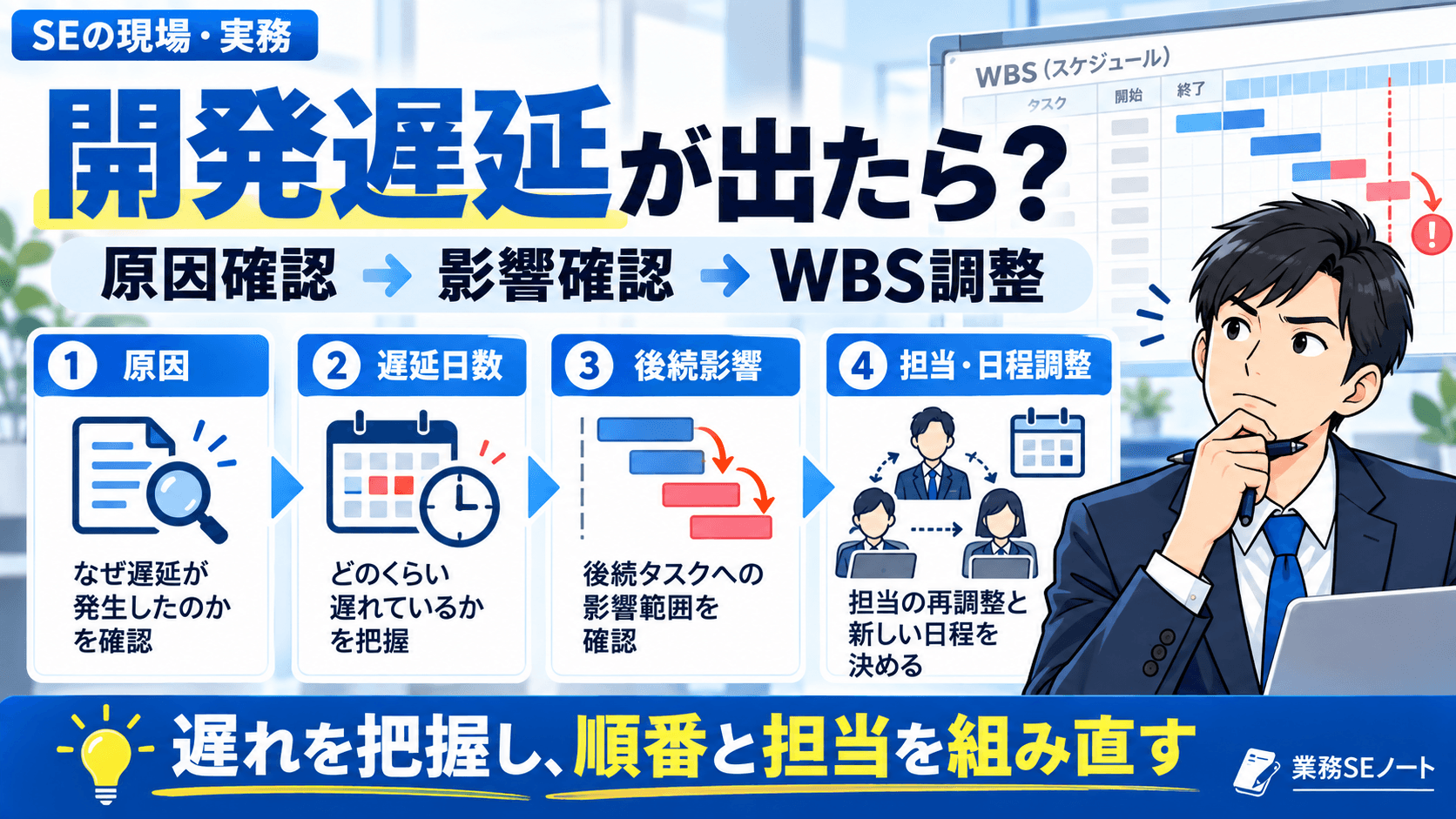 システム開発の遅延発生後に原因・遅延日数・後続影響を確認しWBSや担当を調整する流れ