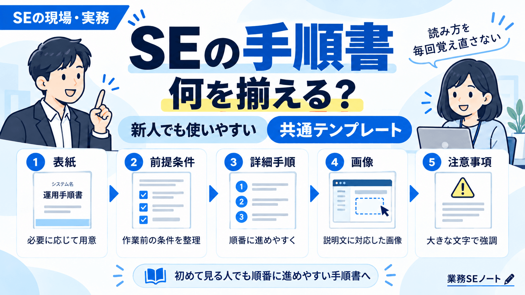 SEの手順書で共通テンプレートや画像、注意事項の見せ方を工夫していた実務経験を紹介する記事